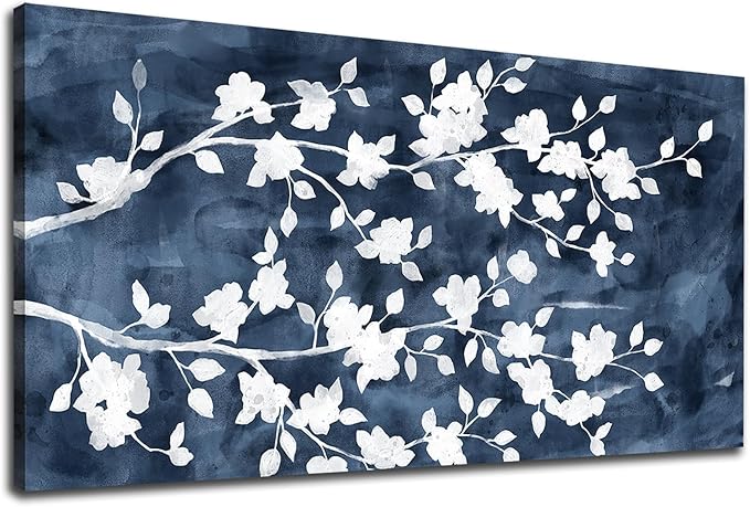 NINEASO Abstract Flowers Canvas Wall Art - Gray White Tree Floral Branches Pictures Wall Decor White Blossom Deep Indigo Blue Background Painting Artwork for Living Room Bedroom Home Decor 29" x 58"
