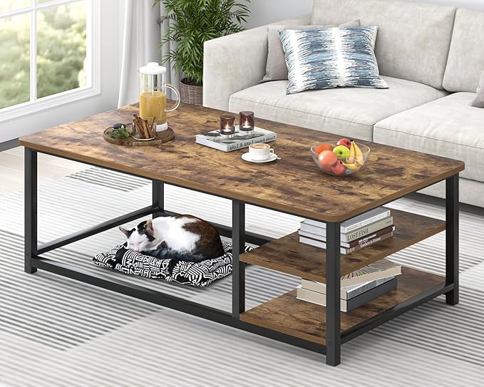 EXCEFUR Modern Coffee Table, Rustic Wood and Metal Living Room Table with Storage Shelf, Industrial Brown, 47 Inch