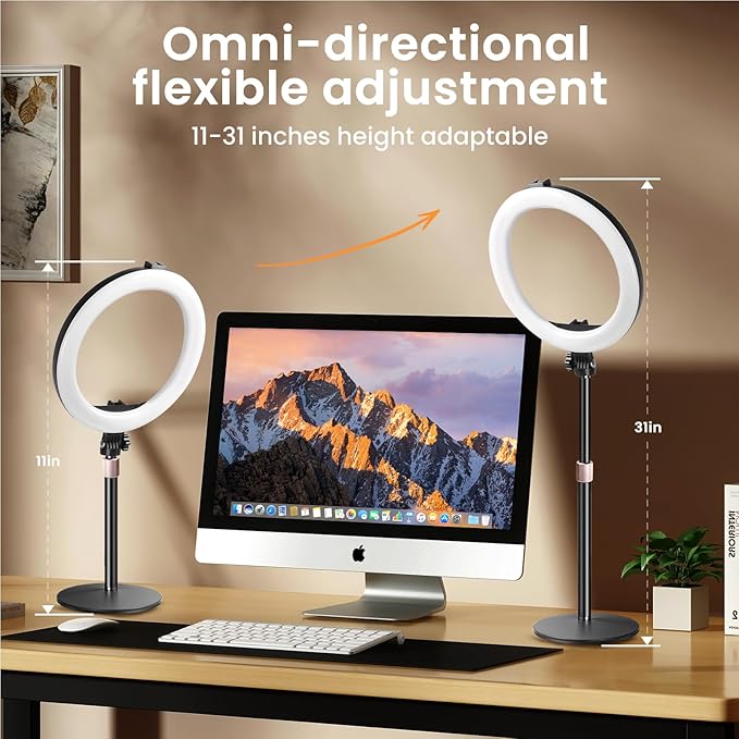 MACTREM 10“ Desk Ring Light with Stand, Desktop LED Circle Halo Light with Phone Holder for Computer Zoom Meeting, Laptop Light for Conference Video Calls, Live Streaming, Podcast, Selfie, Makeup