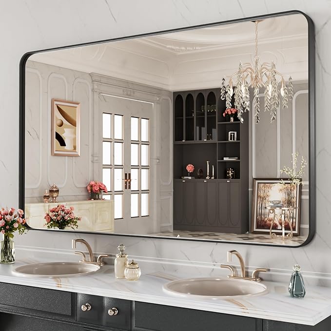 LOAAO 48X28 Inch Black Metal Framed Bathroom Mirror for Wall, Matte Black Bathroom Vanity Mirror Farmhouse, Anti-Rust, Tempered Glass, Hangs Horizontally or Vertically