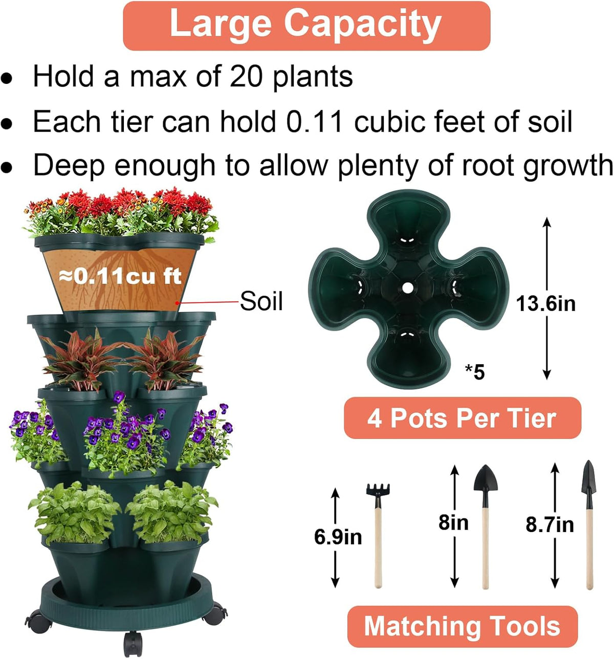 Vertical Planter 5 Tier Stackable Planters Garden Planters Strawberry Herb Flower and Vegetable Planter Indoor Outdoor Gardening Pots with Removable Wheels and Tools
