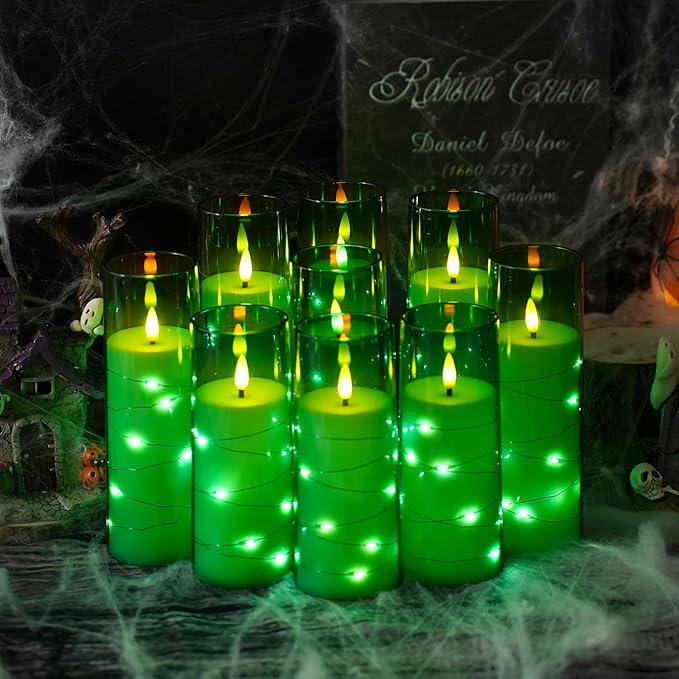 Flameless LED Candles with Timer 9 Pc Flickering Flameless Candles for Romantic Ambiance and Home Decoration Stable Acrylic Shell,with Embedded Star String，Battery Operated Candles（Green）