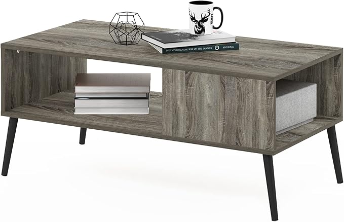 Furinno Claude Mid Century Style Coffee Table with Wood Legs, French Oak Grey Large Non-Lift Top