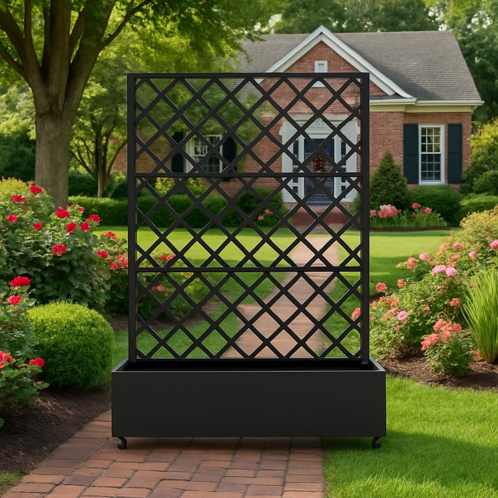 Metal Planter Box, with Diamond Lattice Trellis Planter Box, for Climbing Plants and Vines, Galvanized Raised Garden Bed on Wheels, Garden Bed with Trellis(72 in x47 in Black)