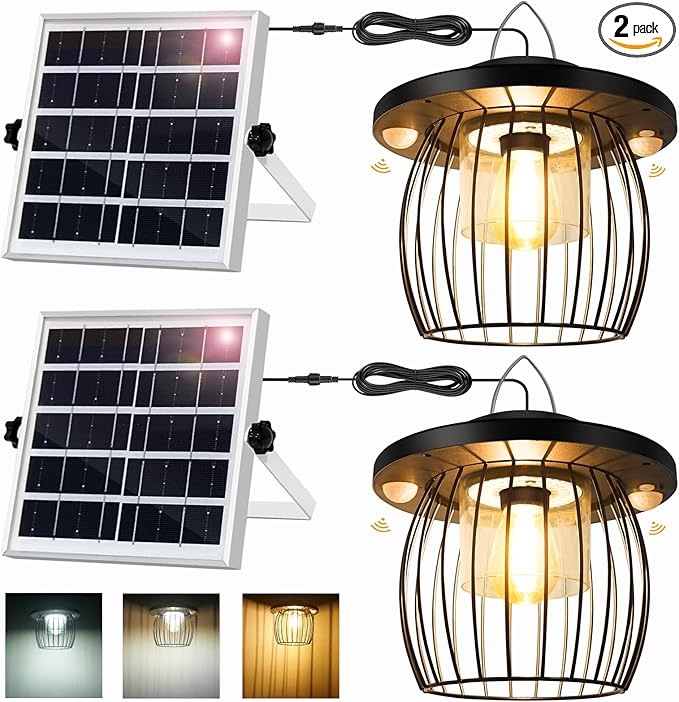 Solar Shed Lights with 2 Motion Sensors, Classic Metal Solar Chandelier Outdoor with 5 Lighting Modes, Waterproof Pendant Lamp with Remote Control for Gazebo, Garden, Patio, Barn(16.4FT Cord, 2 Pack)