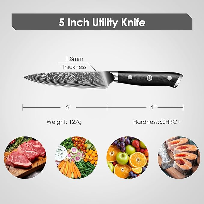 KEEMAKE Kitchen Utility Knife, 5 Inch Chef Knife, 67-Layer Damascus Steel Paring Knife with Ergonomic G10 Handle, Multipurpose Kitchen Knife for Fruit and Vegetable Cutting