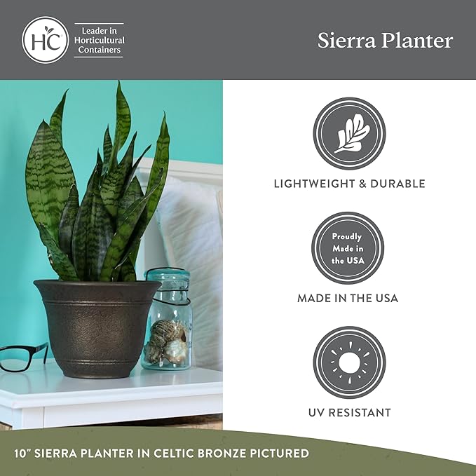 The HC Companies Sierra Round Self-Watering Pot - Lightweight Plastic Planter for Herbs & More - Durable Plant Pots for Indoor Plants & Outdoor Plants (10” Arizona Sand, Pack of 1)
