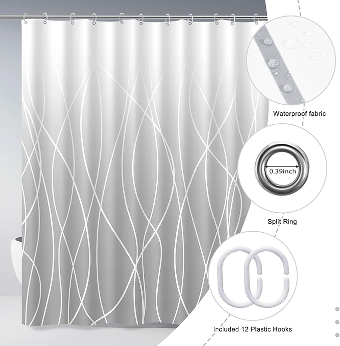 Punkray Ombre Light Grey Striped Polyester Shower Curtain for Bathroom with Hooks, Waterproof Bath Accessories Hotel Style - Machine Washable 72 x 72