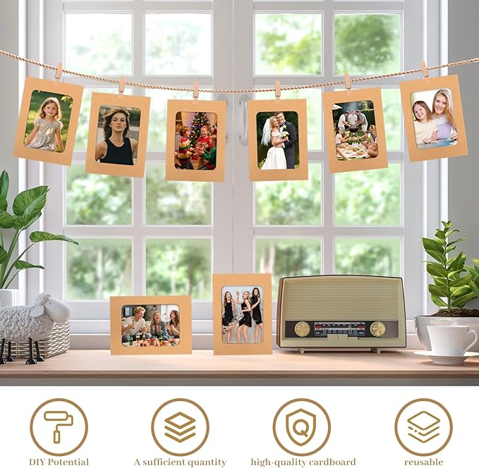 100 Pack Paper Picture Frames, 4x6 Inch Photo Strip Frame Hanging Photo Display Banner, Kraft Photo Holder with Wooden Clips and String for Wall Decor and Party Supplies