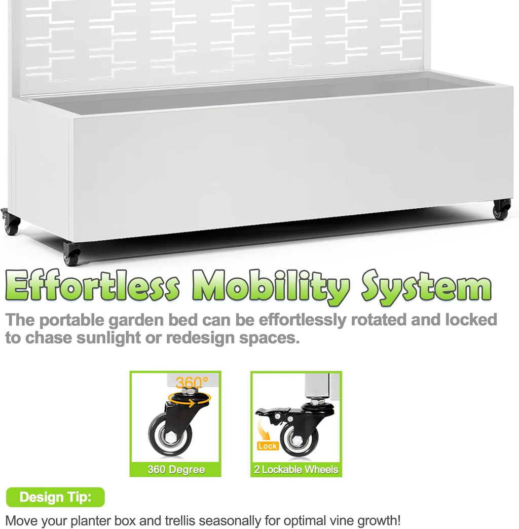 15.7"×70.9"×47.2" Metal Raised Garden Bed with Trellis and Wheels - Tall Trellis Planter Box for Climbing Plants, Vegetables & Vines - Outdoor Privacy Planters for Patio (White-Brick)