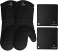 HOMWE Silicone Oven Mitts and Pot Holders, 4-Piece Set, Heavy Duty Cooking Gloves, Kitchen Counter Safe Trivet Mats, Advanced Heat Resistance, Slip-Resistant Textured Grip, Black