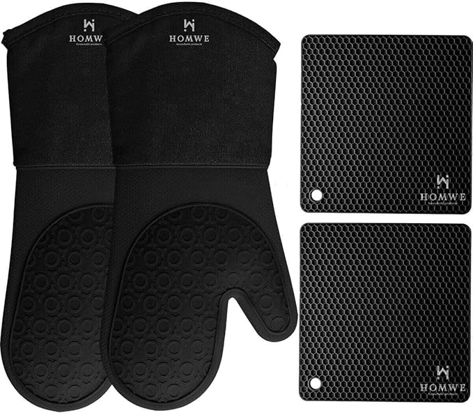 HOMWE Silicone Oven Mitts and Pot Holders, 4-Piece Set, Heavy Duty Cooking Gloves, Kitchen Counter Safe Trivet Mats, Advanced Heat Resistance, Slip-Resistant Textured Grip, Black