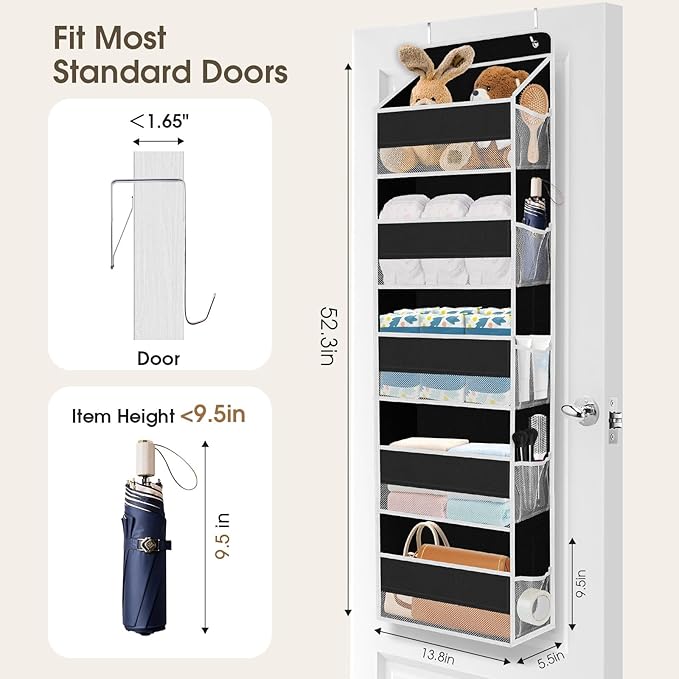 1 Pack Over The Door Organizer, Hanging Storage Organizer with Clear Window, 40lb Ultra Sturdy Large Capacity Room Organizer for Pantry Laundry Bathroom Nursery Closet (Black)