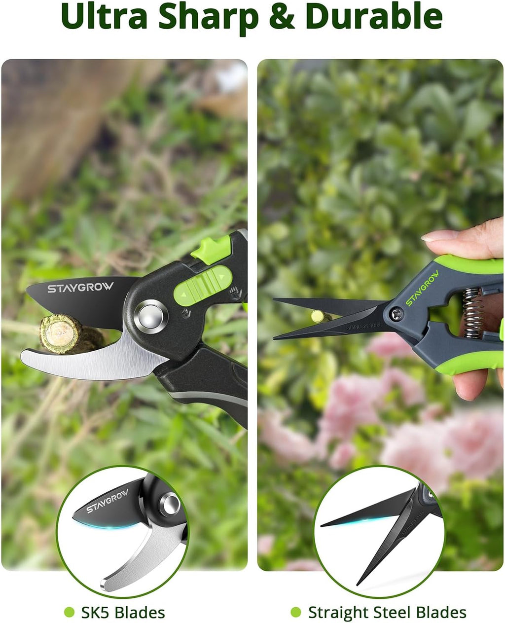 Garden Shears Set: 8.5" Bypass Pruning Shears & 6.5" Straight Trimming Scissors, Ultra-Sharp Garden Scissors with Stainless Steel Blades, Safety Lock, Gardening Gifts for Women Men, 2 Pack
