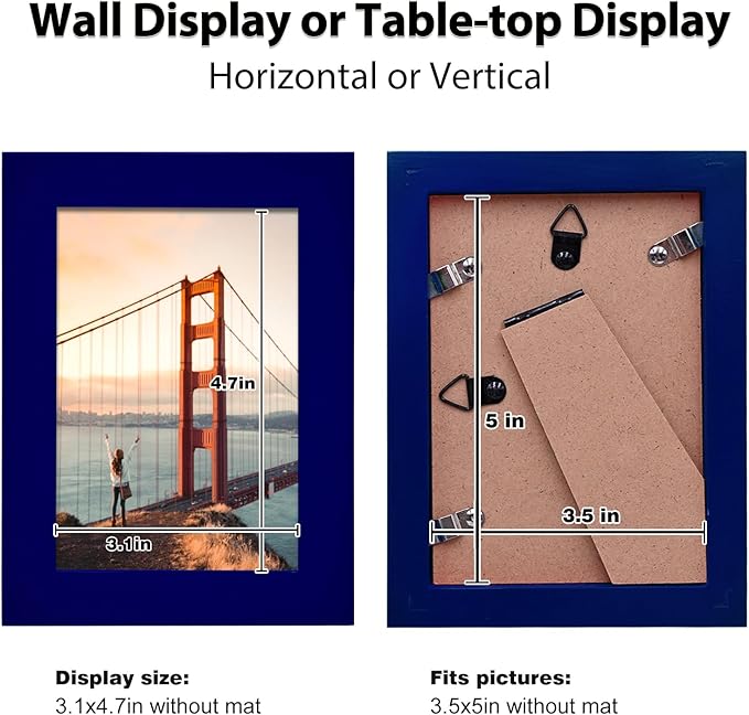 KINLINK 3.5x5 Picture Frames Navy, Solid Wood Frames with Plexiglass for Table Top and Wall Mounting, Photo Frames for Horizontal or Vertical Display, 4 Pack