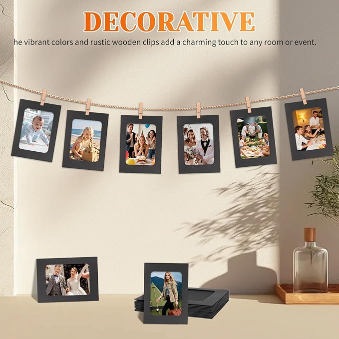 100 Pack Paper Picture Frames, 4x6 Inch Photo Strip Frame Hanging Photo Display Banner, Black Photo Holder with Wooden Clips and String for Wall Decor and Party Supplies