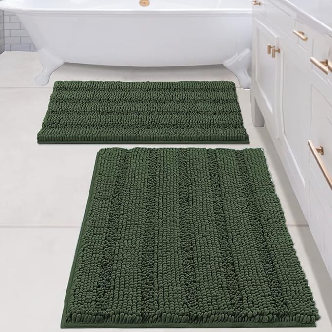 H.VERSAILTEX Bathroom Rugs Bath Mats Sets Super Absorbent Chenille Striped Bath Mats Non Skid Machine Wash Dry Rugs for Bathroom Floor Set of 2(Bronze Green, 24 x 36 Plus 20 x 32 - Inches)