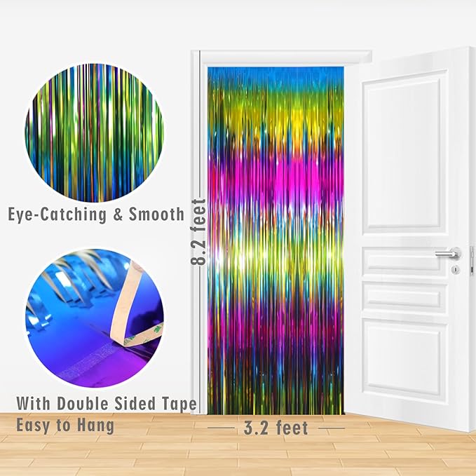 GOER 3.2 ft x 8.2 ft Metallic Tinsel Foil Fringe Curtains Party Photo Backdrop Party Streamers for Birthday,Graduation,New Year Eve Decorations Wedding Decor(4 Packs,Macaroon Rainbow)
