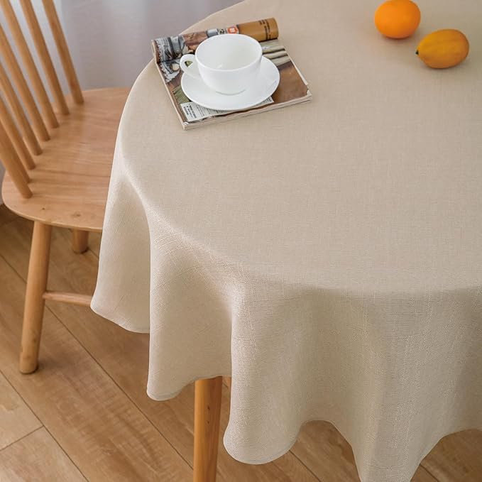 NLMUVW Round Linen Tablecloth 48 Inch - Textured Table Cloth Water Resistant Farmhouse Burlap Rustic Table Cover for Kitchen Dining Café,Champagne