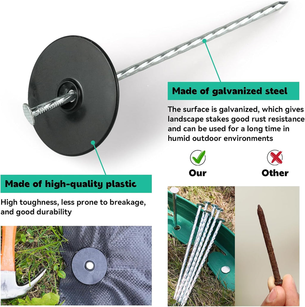 6 Inch 100 Pack Spiral Landscape Stakes with Gasket, Heavy Duty Galvanized Metal Garden Turf Stakes for Artificial Grass, Weed Barrier Fabric, Floor Mat and More