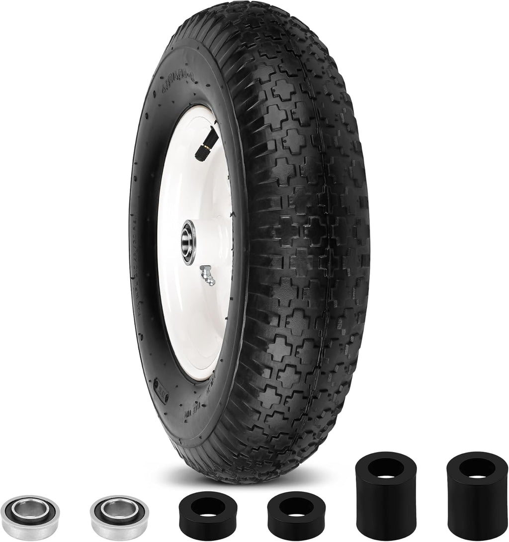 4.80/4.00-8" Wheelbarrow Tubed Tire and Wheel, 16" Universal Fit Pneumatic Tire with 3/4" or 5/8" Bearing, 3"-7" Hub, Adapter Kit Hand Truck Wheel Replacement for Garden Trailer, Wagons, 1 PCS