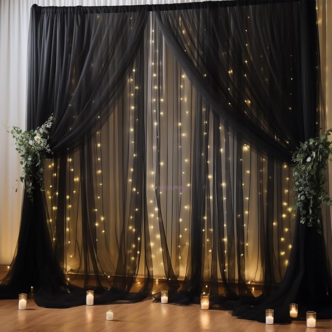 30×10ft Black Tulle Backdrop Curtain with Lights String for Parties, Sheer Curtain Backdrop Drapes for Wedding Party Photography Background