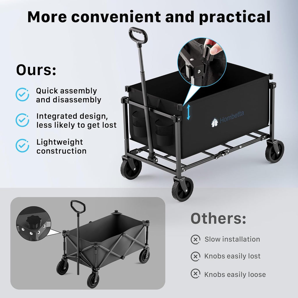 Collapsible Wagon Cart with Wheels, 150L Lightweight Foldable Utility Cart, Portable Rolling Wagon for Garden, Shopping, Sports, Camping, Transport, Black