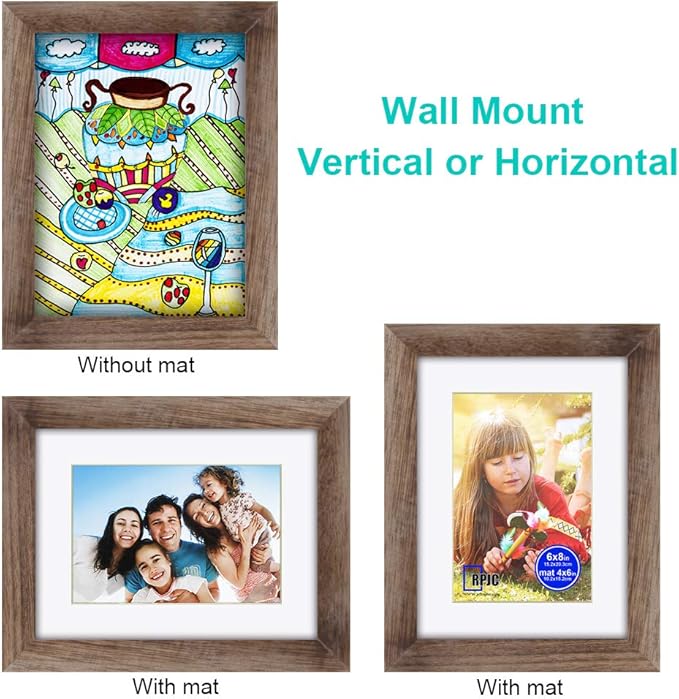 RPJC 6x8 inch Picture Frame Made of Solid Wood and High Definition Glass Display Pictures 4x6 with Mat or 6x8 Without Mat for Wall Mounting Photo Frame Carbonized