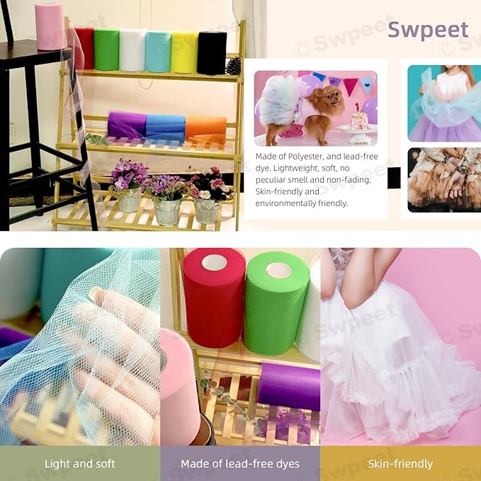 Swpeet 6 Inch by 100 Yards Pink Tulle Fabric Roll, Fabric Spool Tulle Ribbon, Netting Polyester Spool Ideal for DIY Handmade Birthday Party Wedding Decorations Christmas Craft Supplies