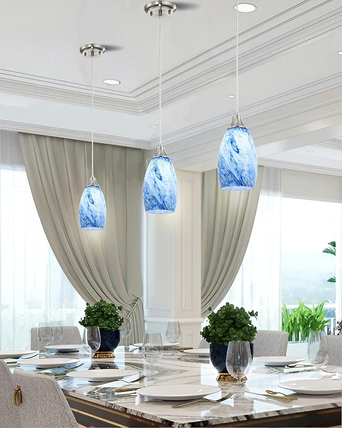 Mini Pendant Lights Kitchen Island White Blue Glass Lamp Shade Hand Blown Glass Pendant Light with Brush Nickel Finish Adjustable Cord for Kitchen Over Sink Hallway,Dining Room,Stairs Way