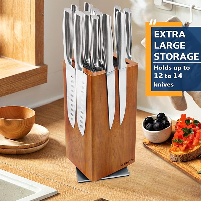 universal magnetic knife block without knives-360° rotatable magnetic knife holder made of fine acacia wood, Extra large magnet knife storage for knives and utensils for a quality kitchen life