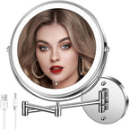 Wall Mounted Lighted Makeup Mirror, 8" Rechargeable Double-Sided Light up Magnifying Mirror 1x/10x, 3 Colors Led Vanity Mirror with Lights, Touch Dimmable 360° Rotation Foldable