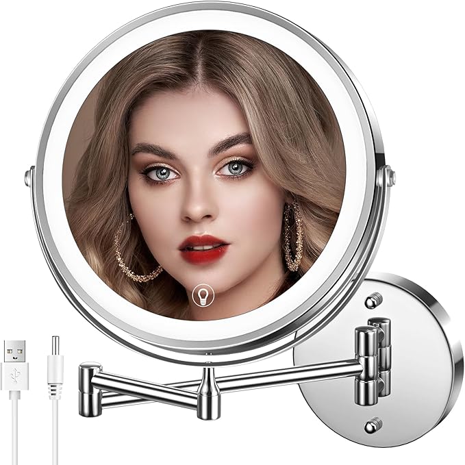 Wall Mounted Lighted Makeup Mirror, 8" Rechargeable Double-Sided Light up Magnifying Mirror 1x/10x, 3 Colors Led Vanity Mirror with Lights, Touch Dimmable 360° Rotation Foldable