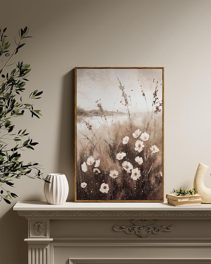 InSimSea Framed Wall Art for Living Room Landscape Canvas Wall Decor Meadow with Flowers Vintage Paintings Classical Wildflower Field Scene Boho Floral Pictures Decor for Bathroom Bedroom 16x24in