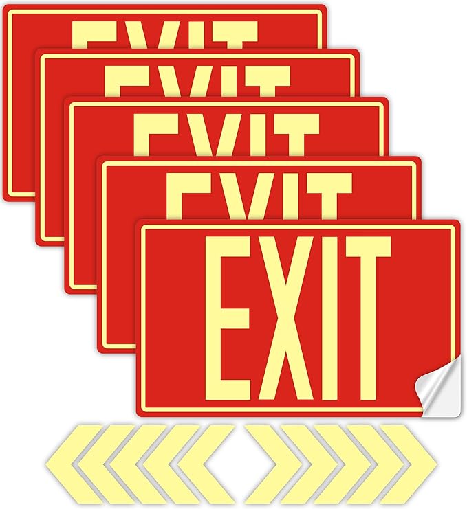 5Pack Photoluminescent Exit Sign, 12"x 7" Glow In The Dark Exit signs with Self-Adhesive Backing, Includes 10pcs Removable Arrows