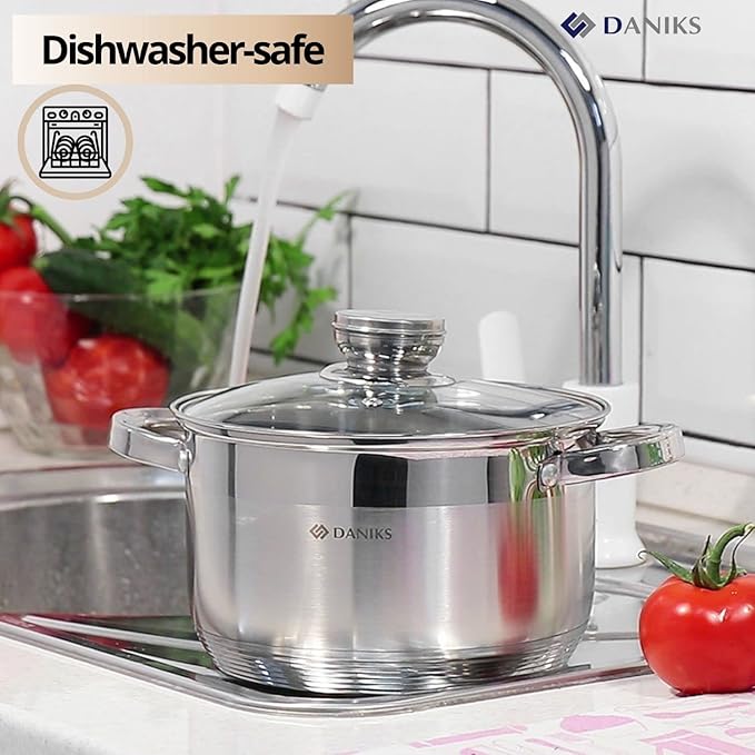 Daniks Standard Stainless Steel Stock Pot with Glass Lid – Induction 3 Quart, Dishwasher Safe, Measuring Scale, For Soup, Pasta, Stew, Silver