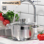 Daniks Standard Stainless Steel Stock Pot with Glass Lid – Induction 3 Quart, Dishwasher Safe, Measuring Scale, For Soup, Pasta, Stew, Silver