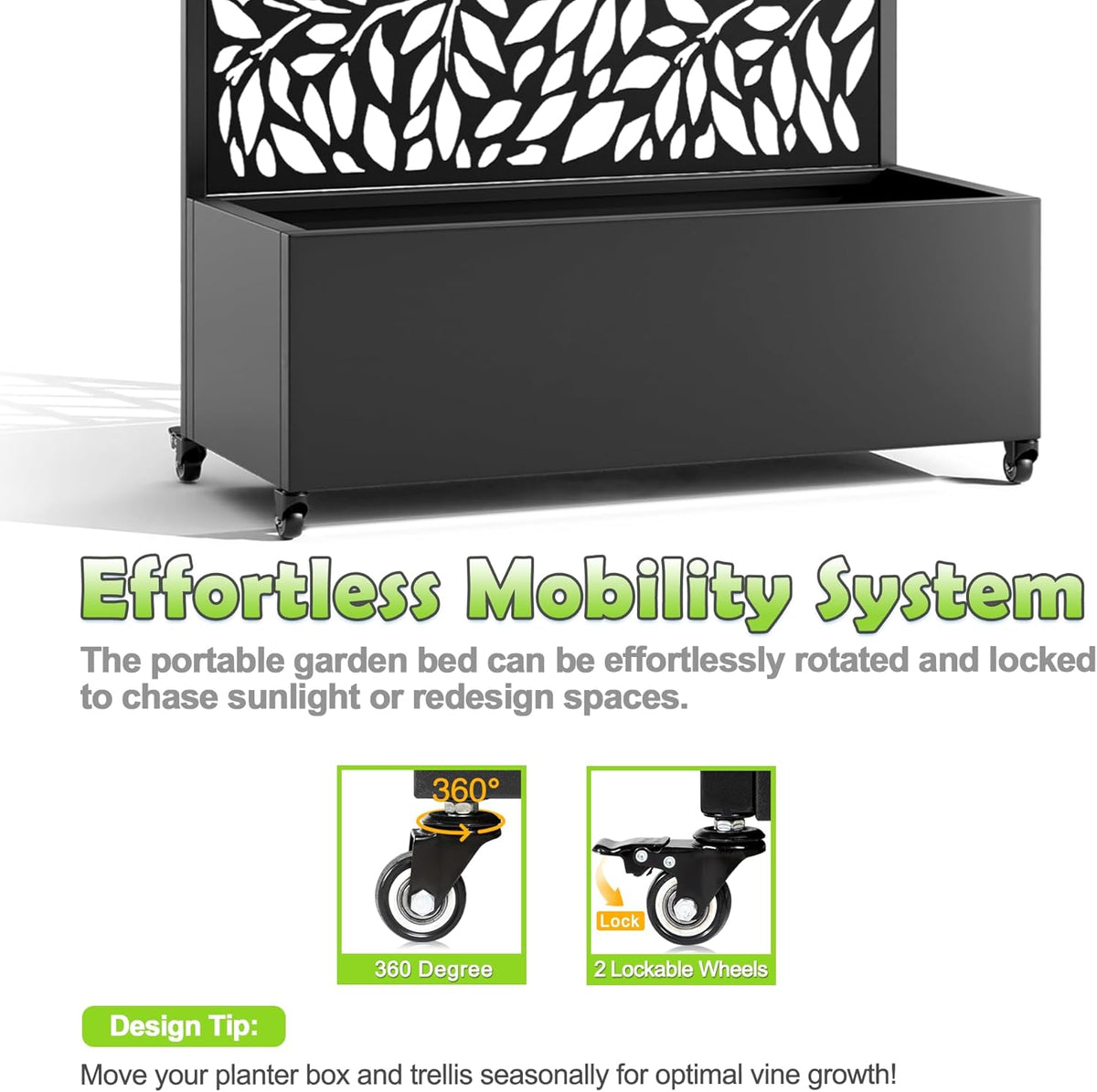 15.7"×70.9"×35.4" Metal Raised Garden Bed with Trellis and Wheels - Tall Trellis Planter Box for Climbing Plants, Vegetables & Vines - Outdoor Privacy Planters for Patio (Black)