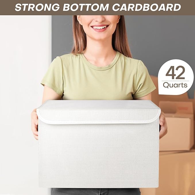 Large 17" 42 Quarts Collapsible Stackable Storage Bins with Lids [3-Pack] Foldable Fabric Linen Storage Boxes Cube, Closet Organizer Baskets with Label (16.7 x 12 x 12", White)