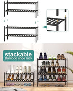 2-Tier Black Bamboo Shoe Rack for Entryway, Stackable | Foldable | Natural, Shoe Shelf Storage Organizer for Hallway Closet, Free Standing Shoe Racks for Indoor Outdoor
