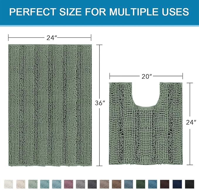 H.VERSAILTEX Bathroom Rugs Bath Rug Set 2 Piece Bathroom Contour Rug Toilet Mat Non Slip Contour Bath Rug Ultra Thick Water Absorbent Striped Bath Mats Washable(36" x 24" Plus 20" x 24" U, Green Bay)