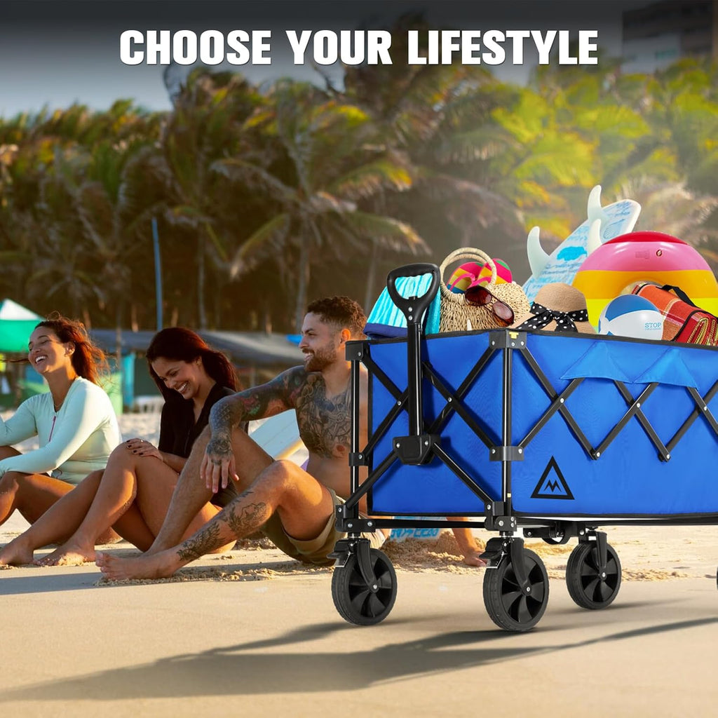 Wagon Cart Shopping Foldable Folding Collapsible with Wheels Big On Beach Garden Outdoor Grocery Heavy Duty Utility All Terrain Portable Wagons Carts for Groceries Sand Camping Sports Blue