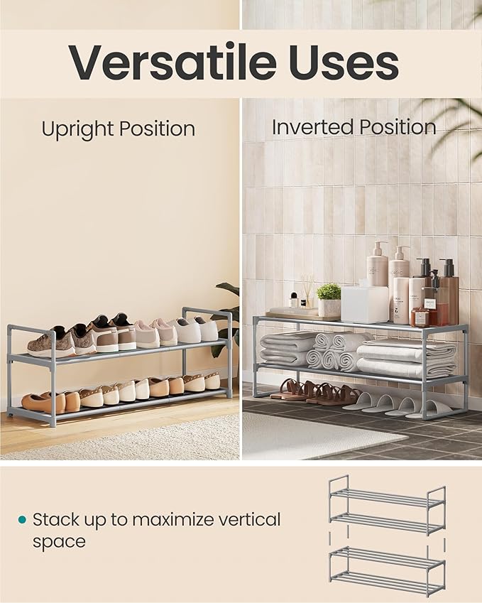 SONGMICS Shoe Rack, 2-Tier Shoe Organizer, Metal Storage Shelf, Upright or Upside Down, for 12-15 Pairs, Stackable, for Entryway, 11.8 x 36.2 x 13.4 Inches, Gray ULSA012G01
