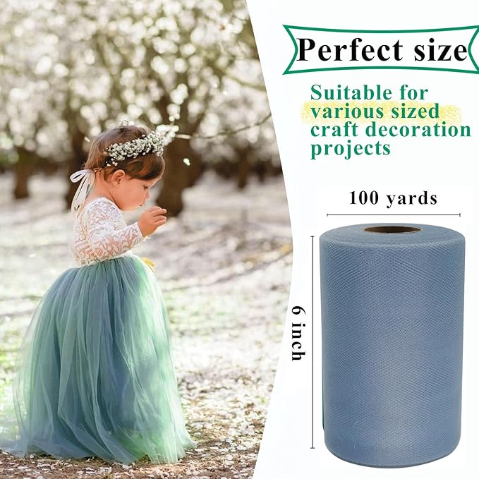 Dusty Blue Tulle Fabric Rolls 6 Inch by 100 Yards (300 feet) Fabric Spool Tulle Ribbon for DIY Tutu Bow Baby Shower Birthday Party Wedding Decorations Christmas Craft Supplies