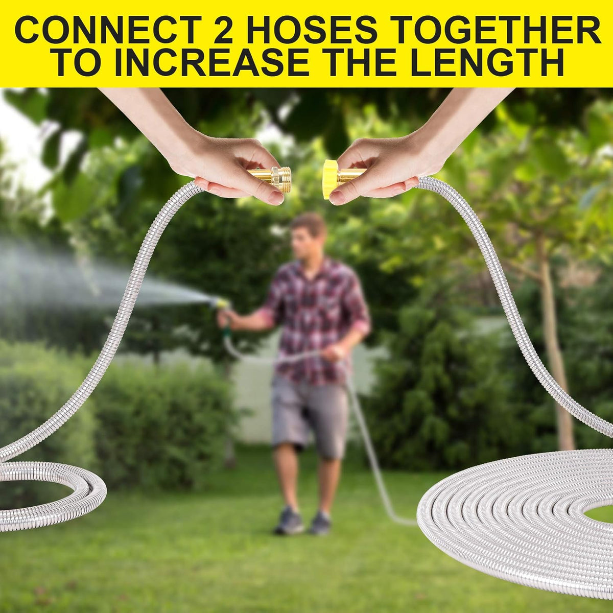 FOXEASE Metal Garden Hose 50FT - Stainless Steel Heavy Duty Water Hose with Metal Nozzle & 8 Function Sprayer, Portable & Lightweight Kink Free Yard Hose, Outdoor Hose