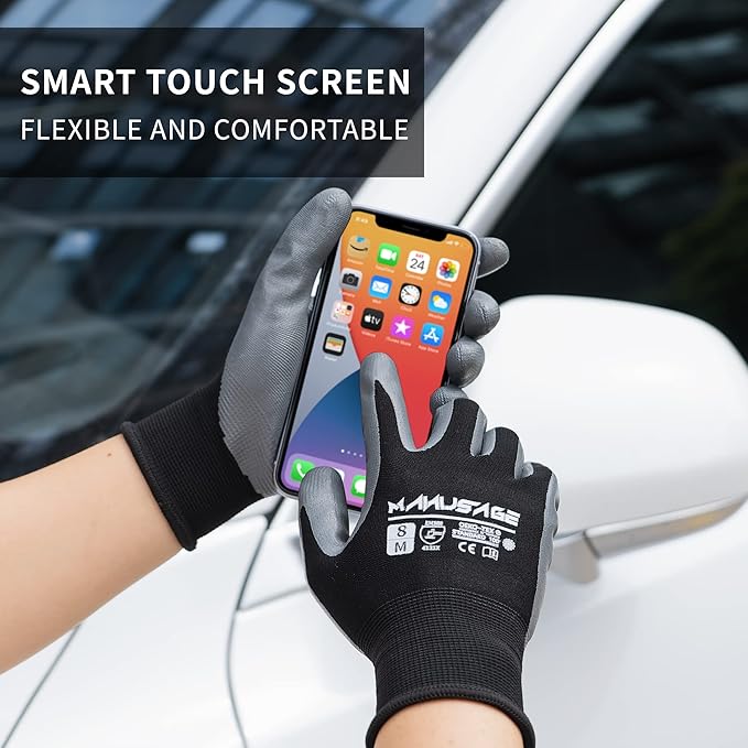 MANUSAGE Safety Work Gloves, Nitrile Work Gloves For Men and Women, Work Gloves With Touchscreen Fingers, Work Gloves men, Men's work gloves with grip,mechanics gloves (Size L, Black, 3-pairs)