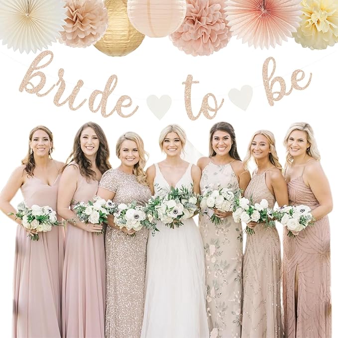 Champagne-Gold Beige Fall Bridal-Shower Party-Decorations - 36pcs Bride To Be Banner,Bachelorette Paper Lanterns,Wedding Streamers Garland,Boho Peach Tissue Pom Poms Flower Fan Decor Supplies Burgleda