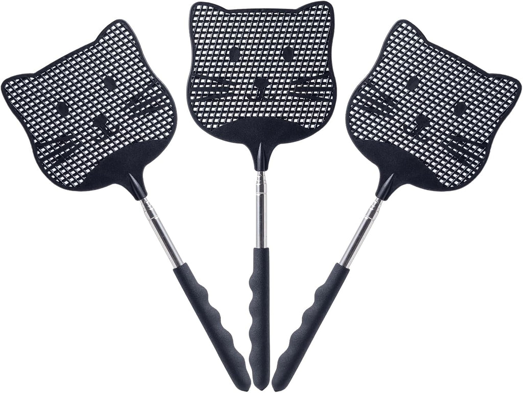 3 Pack Extendable Fly Swatter, 25 inch Long Handle Flyswatters, Plastic Heavy Duty Fly Swatters Manual for Indoors Patio Garden and Outdoors Black