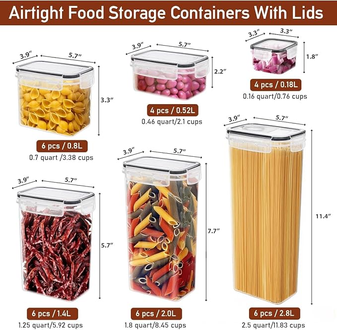 64 PCS Airtight Food Storage Containers With Lids BPA Free,6 Pack With Pouring Spout Cereal Containers Storage for Kitchen Pantry Organization and Storage,Dishwasher safe,Labels Marker