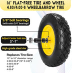 4.80/4.00-8 Solid Wheelbarrow Tire and Wheel 16" Flat-Free Tire with 3" Centered Hub 5/8" & 3/4" Bearings Fits Garden Cart, Hand Truck, Wagon,Trolleys and Trailers